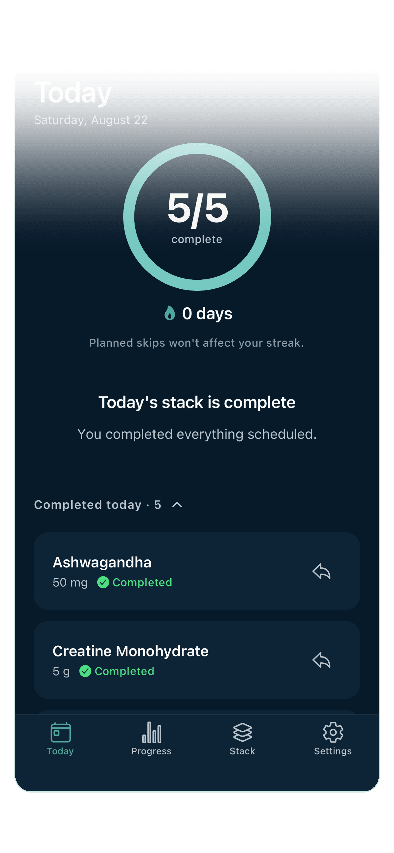 Rituavia app showing a completed daily supplement stack